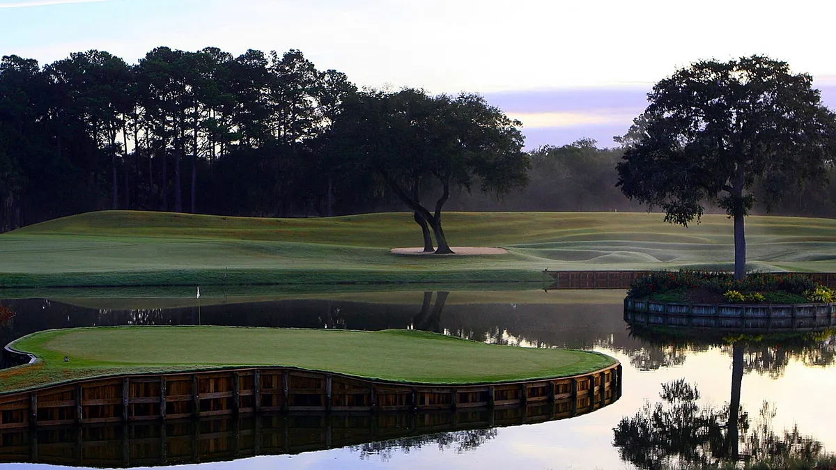 The island green 17th at TPC Sawgrass, designed by Pete Dye